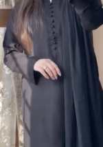 Mystic Charm : Black Pakistani Kurta pent set with chiffon Dupatta - Image 7