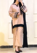 Black Stripe: Elegant cream short Kurta Pant and Dupatta Set - Image 3