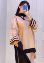 Black Stripe: Elegant cream short Kurta Pant and Dupatta Set - Image 6