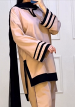 Black Stripe: Elegant cream short Kurta Pant and Dupatta Set - Image 5