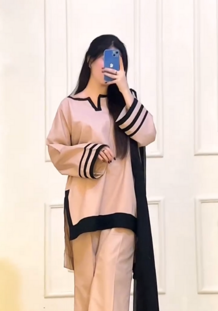 67 Black Stripe: Elegant cream short Kurta Pant and Dupatta Set - Image 1