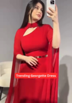 Georgette Gown with Cape Sleeves and Gold Belt - Image 3