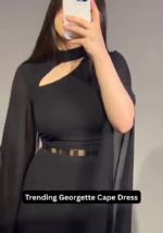 Georgette Gown with Cape Sleeves and Gold Belt - Image 8