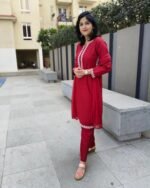 Red Sequence Kurta Pant Dupatta Set - Image 7