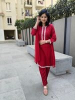 Red Sequence Kurta Pant Dupatta Set - Image 6