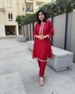 Red Sequence Kurta Pant Dupatta Set - Image 5