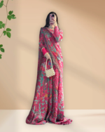White & Pink Floral Georgette Easy-Drape Sarees