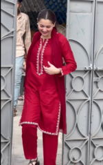 Red Sequence Kurta Pant Dupatta Set - Image 3