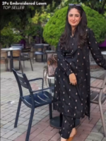 Black Embroidered Kurta Pant Set with Chinese Collar and Full Sleeves - Image 2