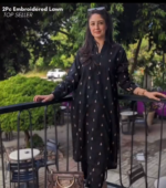 Black Embroidered Kurta Pant Set with Chinese Collar and Full Sleeves