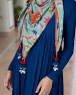 Women's Navy Blue Rayon Solid Kurta with Palazzo and Printed Cotton Scarf - Image 2