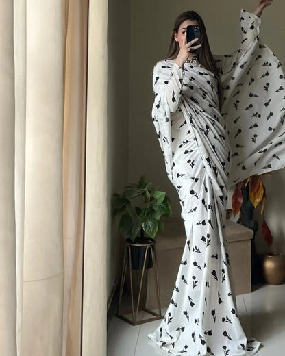 Women’s Easy-Drape White Georgette Saree with Black Floral Print - Image 2